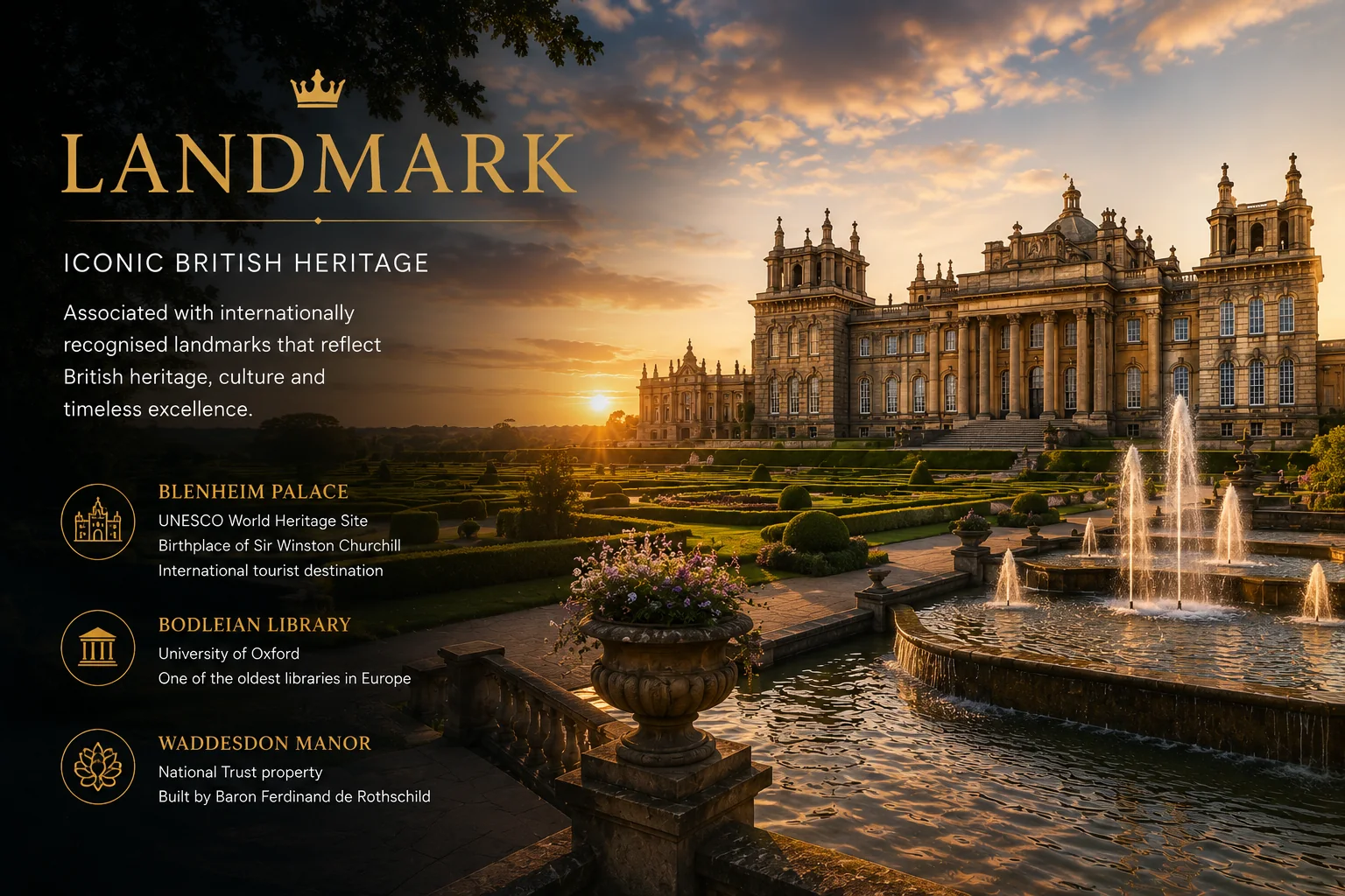 Artistic representation of a grand British heritage palace and formal gardens