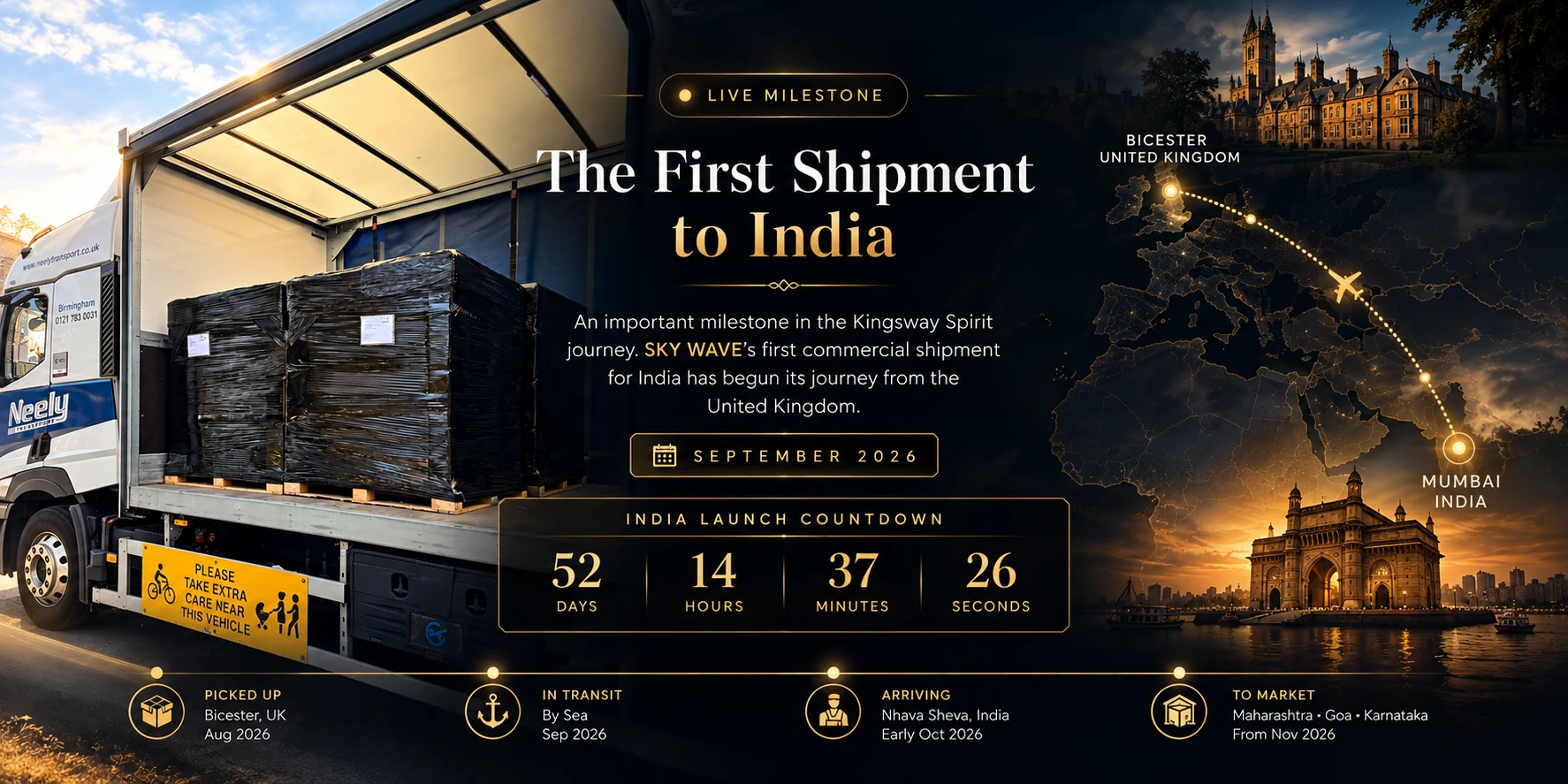 First shipment to India milestone featuring the real shipment photograph and a refined Bicester-to-Mumbai route visual